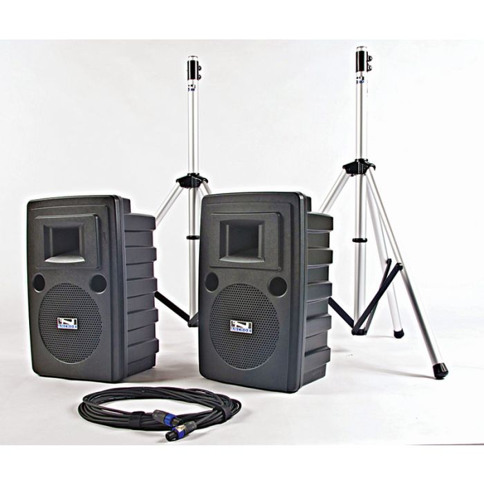 Deluxe package features two speakers & stands