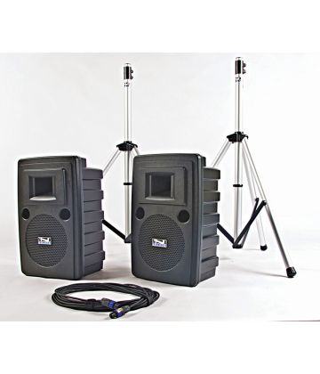 Deluxe package features two speakers & stands